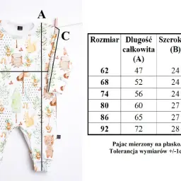 Tabela rozmiarów pajaca z motywem leśnym. Sprawdź, jaki rozmiar dla noworodka będzie najlepszy, porównując wymiary A, B, C.