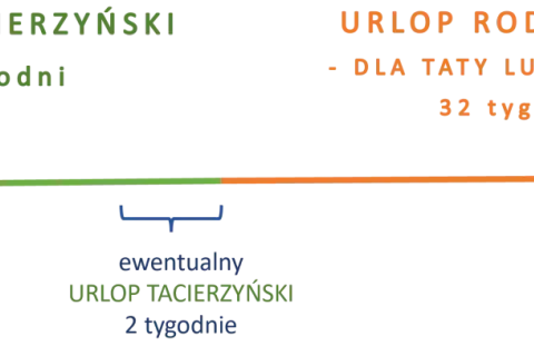 Schemat urlopu po urodzeniu dziecka: urlop macierzyński (20 tyg.), opcjonalny urlop tacierzyński (2 tyg.) i urlop rodzicielski (32 tyg.).