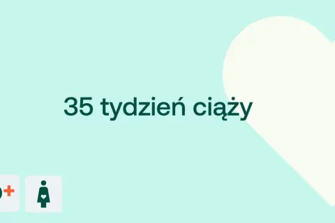 35 tydzień ciąży, czyli 8 miesiąc. Delikatne tło z sercem i ikonami D+ oraz kobiety w ciąży.