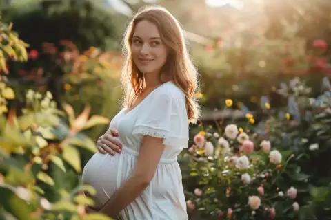 Kobieta w białej sukience, w 7 miesiącu ciąży, trzymająca się za brzuch, w otoczeniu kwitnących kwiatów i zieleni.