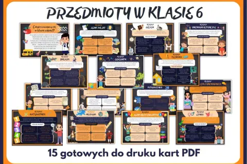 Przedmioty w klasie 6: język polski, matematyka, biologia, historia, geografia, technika, informatyka, wychowanie fizyczne, etyka, religia, język obcy.