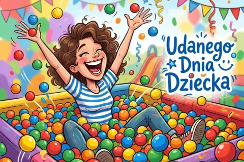 Radosna kobieta w basenie z piłeczkami, świętująca dzień dziecka dla dorosłych.