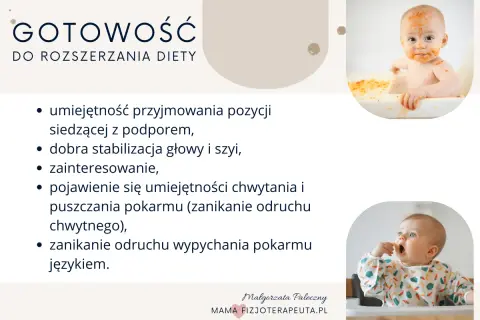 Uśmiechnięte 6 miesięczne dziecko z jedzeniem na twarzy i drugie dziecko próbujące samodzielnie jeść. Gotowość do rozszerzania diety.