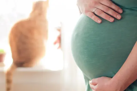 Brzuszek w 19 tygodniu ciąży, otoczony troską przyszłej mamy i ciekawością rudego kota.