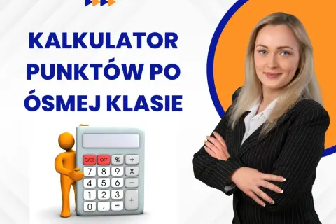 Czy na egzaminie ósmoklasisty można mieć kalkulator? Grafika z kalkulatorem i kobietą w garniturze sugeruje odpowiedź.