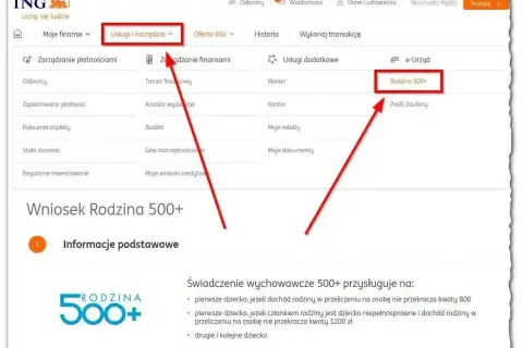 Kliknij "Rodzina 500+" w sekcji "Usługi dodatkowe", aby złożyć wniosek o świadczenie, gdy 800 plus.