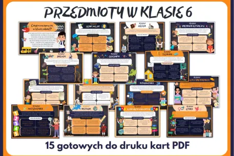 Przedmioty w klasie 6: język polski, matematyka, biologia, geografia, historia, technika, informatyka, wychowanie fizyczne, etyka, religia, język obcy, zajęcia z wychowawcą.