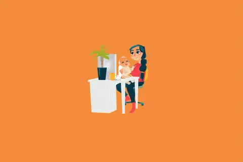Pracująca mama z dzieckiem na kolanach przy biurku. Ilustracja nawiązuje do tematu: urlop rodzicielski ile trwa.