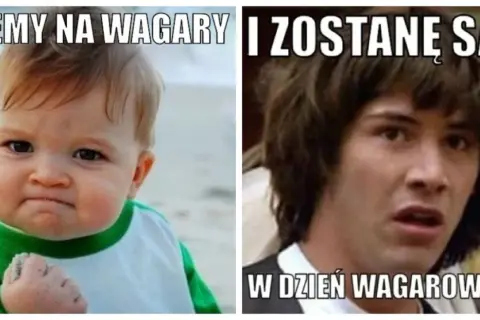 Dziecko z zaciśniętą pięścią cieszy się, że idzie na wagary, podczas gdy Keanu Reeves wygląda na zagubionego, bo zostanie sam.