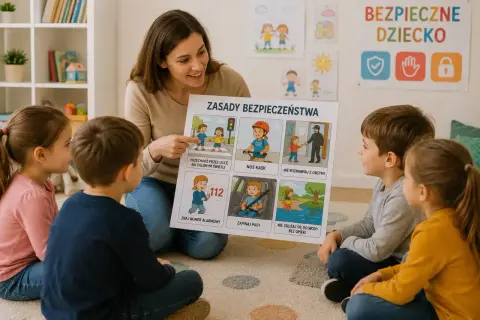 Nauczycielka omawia z dziećmi zasady bezpieczeństwa, pokazując ilustracje dotyczące przechodzenia przez ulicę, jazdy na rowerze i kontaktu z obcymi. Edukacja dla bezpieczeństwa jest kluczowa.