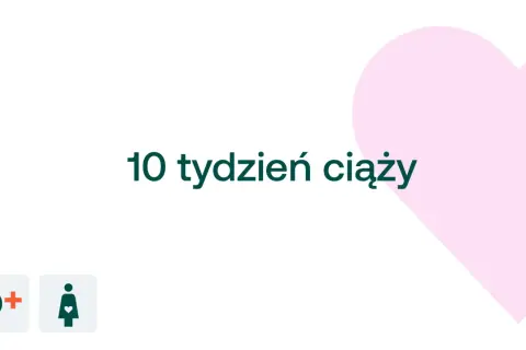10 tydzień ciąży. D+ i symbol kobiety w ciąży na tle różowego serca.
