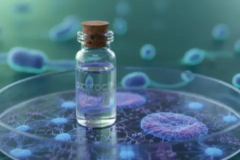 Mała fiolka z napisem "OXYTOCIN" na tle komórek. Co to oksytocyna? Hormon miłości i więzi.