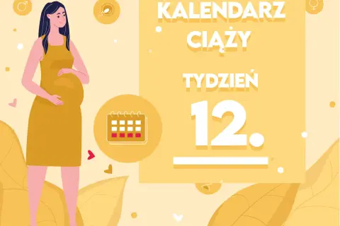 Kobieta w żółtej sukience, brzuszek ciążowy. Kalendarz ciąży, tydzień 12. Dziecko rozwija się.