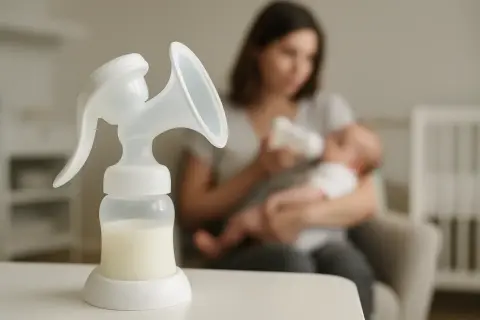 Laktacja w pełni. Laktator z mlekiem na pierwszym planie, w tle mama karmiąca dziecko butelką.