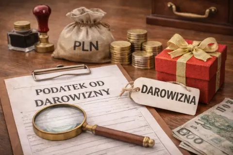 Dokumenty, lupa, worek z napisem PLN, monety i czerwone pudełko z kokardą. W tle pieczątka i kałamarz. Temat: podatek od darowizny.