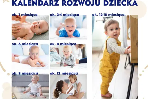 Uroczy 3 miesięczne dziecko uśmiecha się, leżąc na brzuchu. Obok inne maluchy w różnym wieku, od niemowlaka do roczniaka.