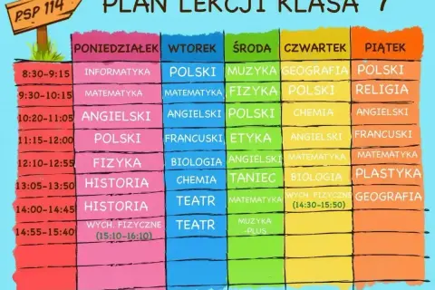 Plan lekcji klasy 7. Jakie przedmioty odchodzą w 7 klasie? Zobacz plan: informatyka, fizyka, historia, plastyka, religia.