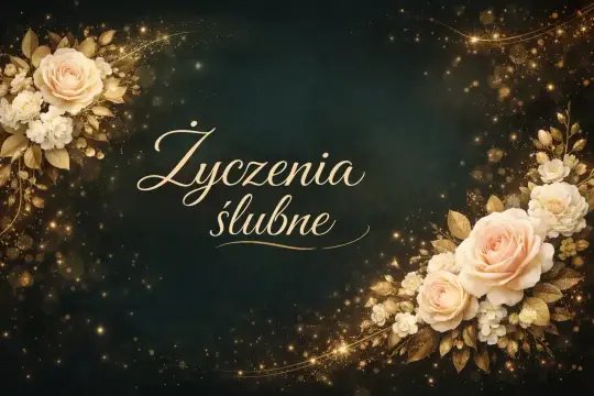 Eleganckie życzenia ślubne od serca, ozdobione kremowymi różami i złotymi listkami, otoczone migoczącymi iskierkami.
