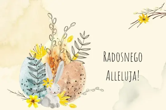Uroczy zajączek z kwiatami i pisankami, życzenia świąteczne wielkanocne.