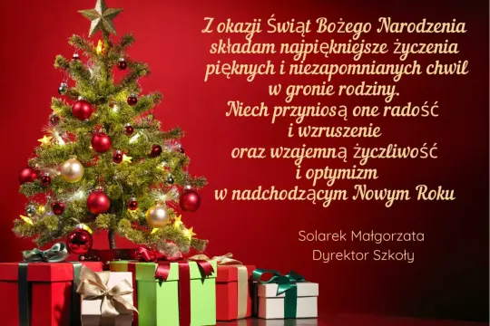 Choinka i prezenty pod nią. Z tej okazji składam niepowtarzalne życzenia bożonarodzeniowe pełne radości, wzruszenia i optymizmu na Nowy Rok.