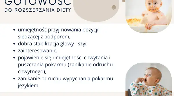 Uśmiechnięte 6 miesięczne dziecko z jedzeniem na twarzy i drugie dziecko próbujące samodzielnie jeść. Gotowość do rozszerzania diety.