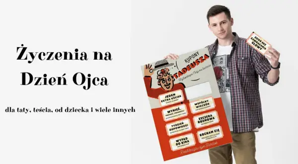 Wesoły mężczyzna trzyma kupony na Dzień Ojca, idealne na wierszyk na Dzień Taty.