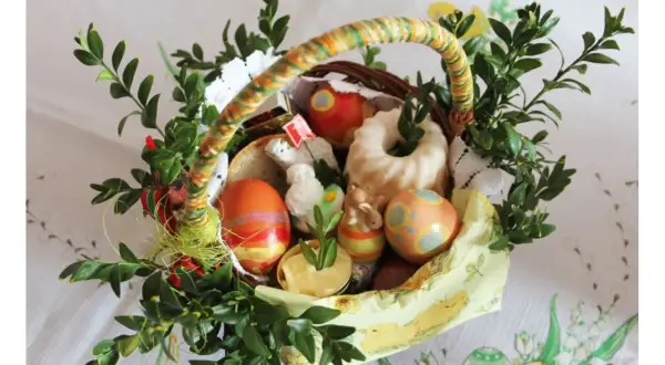 W koszyczku wielkanocnym znajdują się pisanki, babka, chleb, masło i figurki zwierząt. To tradycyjne co wklada sie do koszyczka wielkanocnego.