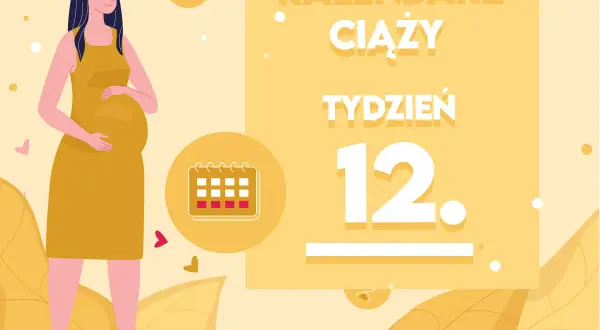 Kobieta w żółtej sukience, brzuszek ciążowy. Kalendarz ciąży, tydzień 12. Dziecko rozwija się.