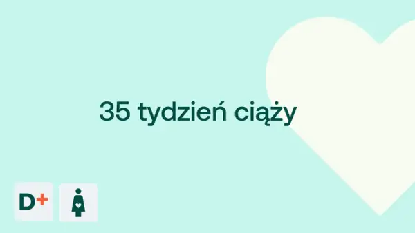 35 tydzień ciąży, czyli 8 miesiąc. Delikatne tło z sercem i ikonami D+ oraz kobiety w ciąży.