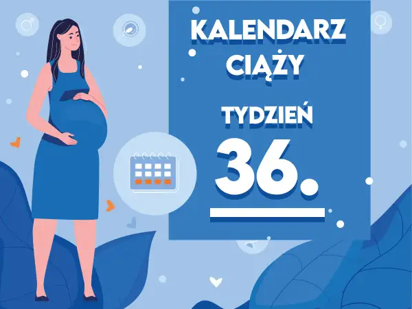 Kobieta w niebieskiej sukience, w 36. tygodniu ciąży, z kalendarzem.