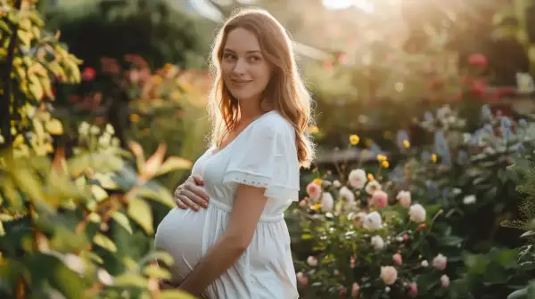Kobieta w białej sukience, w 7 miesiącu ciąży, trzymająca się za brzuch, w otoczeniu kwitnących kwiatów i zieleni.
