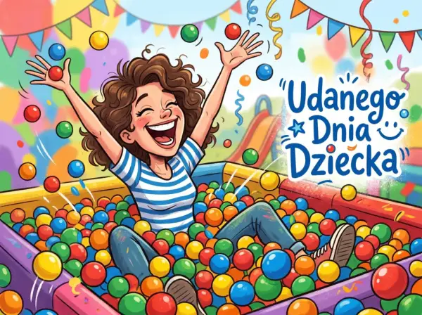 Radosna kobieta w basenie z piłeczkami, świętująca dzień dziecka dla dorosłych.