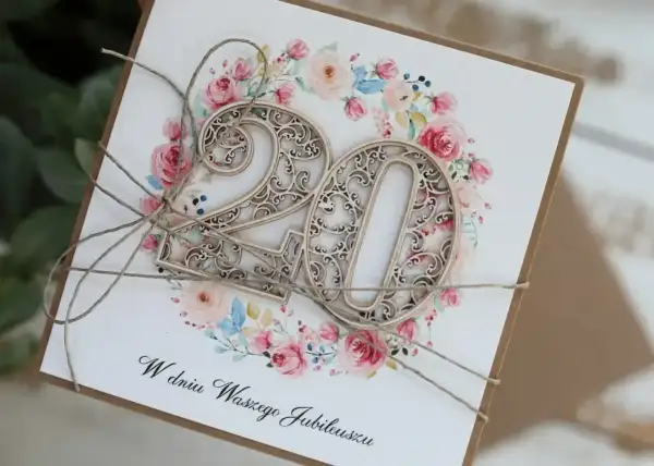 Elegancka kartka z napisem "W dniu Waszego Jubileuszu" i ozdobnymi cyframi "20" na tle wianuszka z różowych kwiatów. Idealna na 20 rocznicę ślubu.