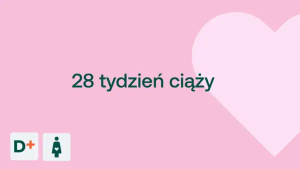 28 tydzień ciąży to już 7 miesiąc. Różowe tło z sercem i ikonami D+ oraz kobiety w ciąży.