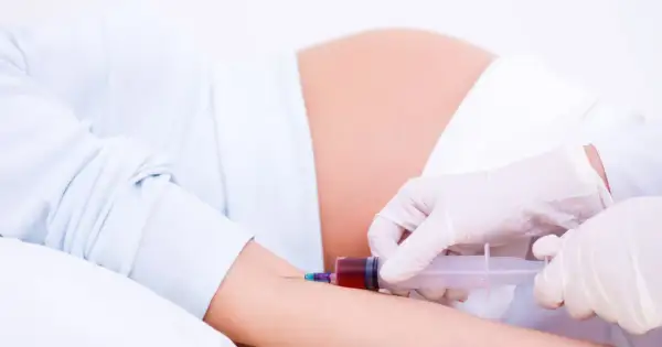 Pobieranie krwi u ciężarnej w 15 tygodniu ciąży. Badanie krwi jest ważne dla zdrowia mamy i dziecka.