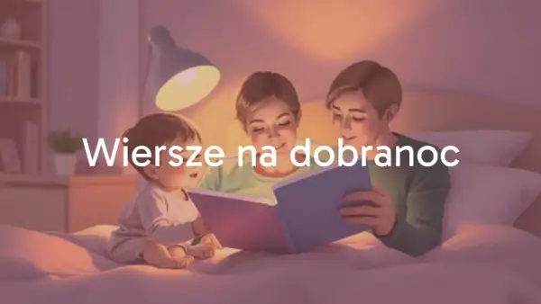 Rodzina czyta wierszyki na dobranoc przy lampce.