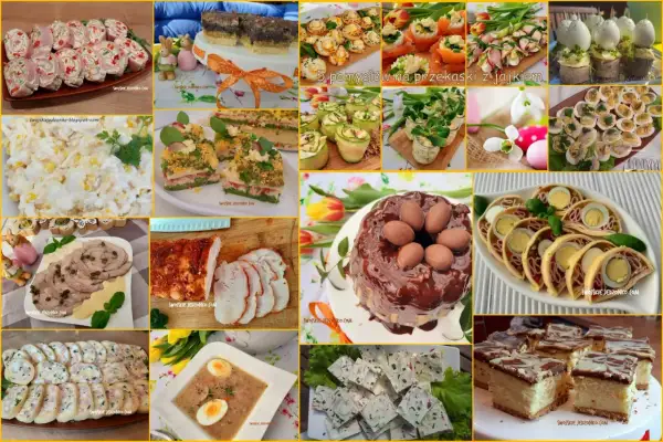 Wielkanocne potrawy: roladki, ciasta, sałatki, pieczone mięsa i czekoladowy deser. Inspiracje na świąteczne menu.