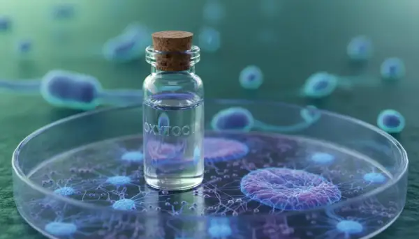 Mała fiolka z napisem "OXYTOCIN" na tle komórek. Co to oksytocyna? Hormon miłości i więzi.