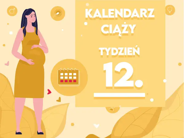 Kobieta w żółtej sukience, brzuszek ciążowy. Kalendarz ciąży, tydzień 12. Dziecko rozwija się.