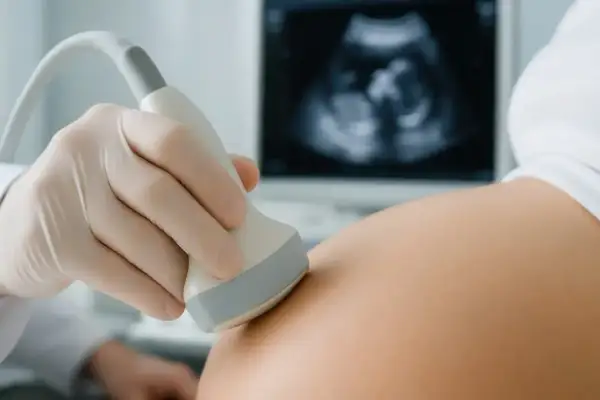 Ginekolog wykonuje USG. Na ekranie widać zarodek, to 6 tydzień ciąży.