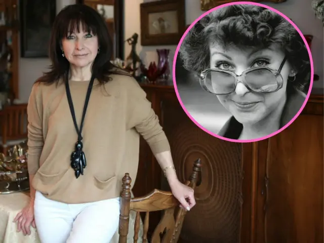 Krystyna Giżowska w beżowym swetrze i białych spodniach, obok zdjęcie z młodości, gdy była żoną swojego pierwszego męża.