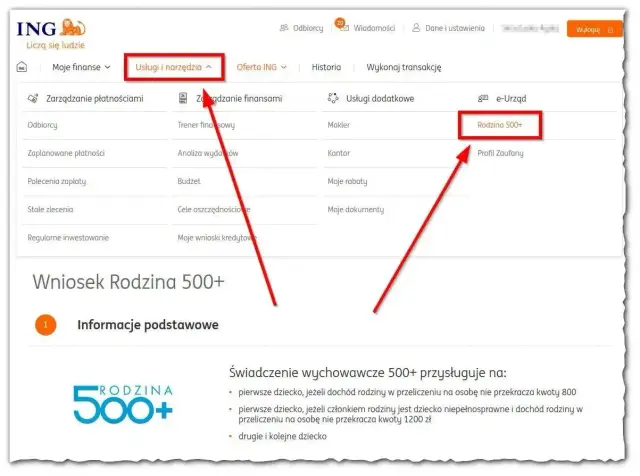 Wniosek Rodzina 500+ w ING. Kliknij "Usługi i narzędzia", a następnie "Rodzina 500+" by złożyć wniosek na 2026 rok.